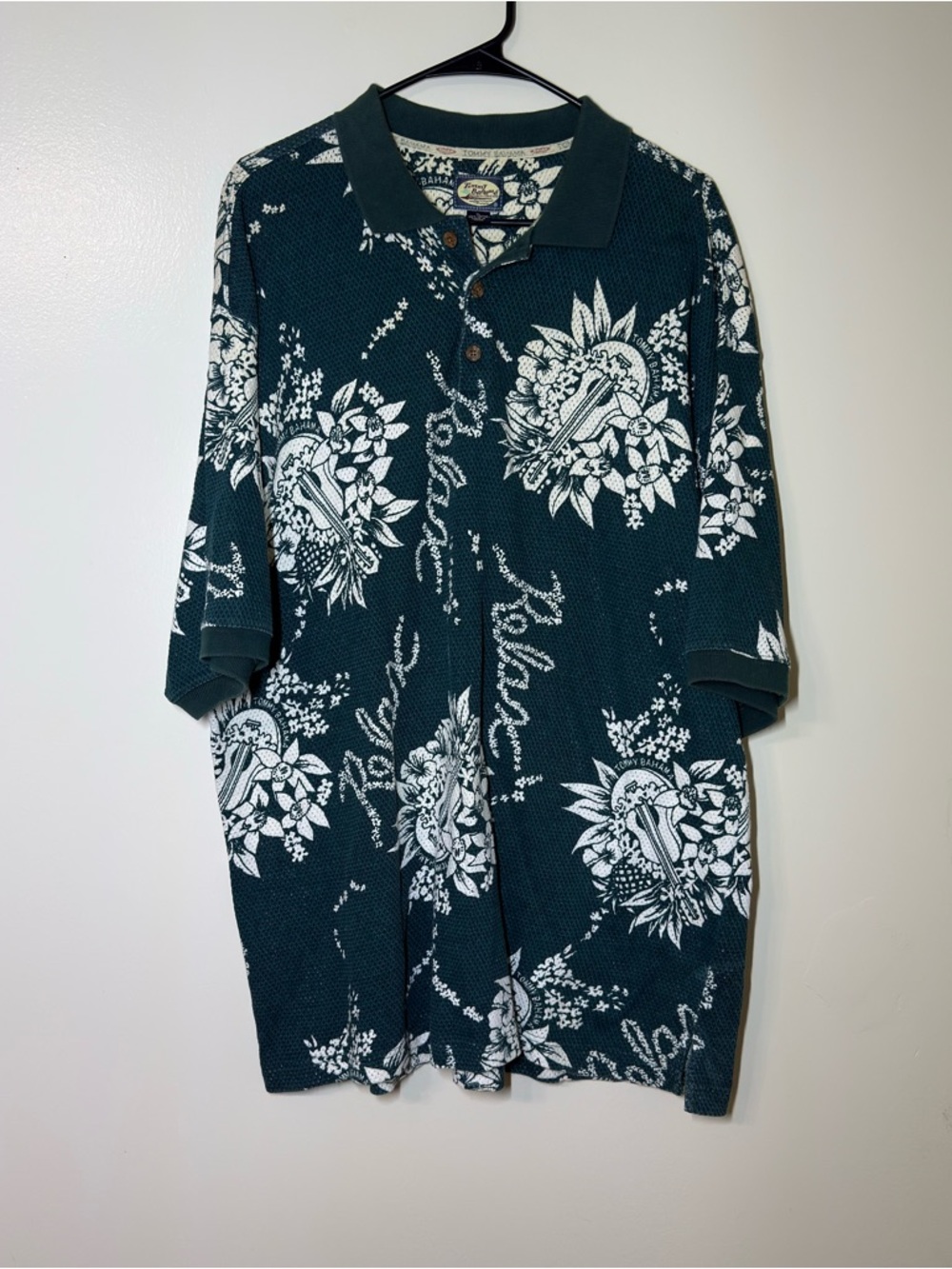 Tommy Bahama Mens XL Green Floral Pigment Print Cotton Knit Polo Shirt Short Slv